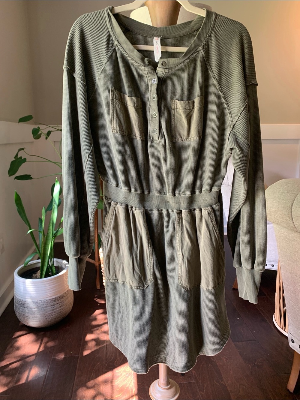 Daily Practice Anthropologie Olive Green Long-Sleeve Henley Dress